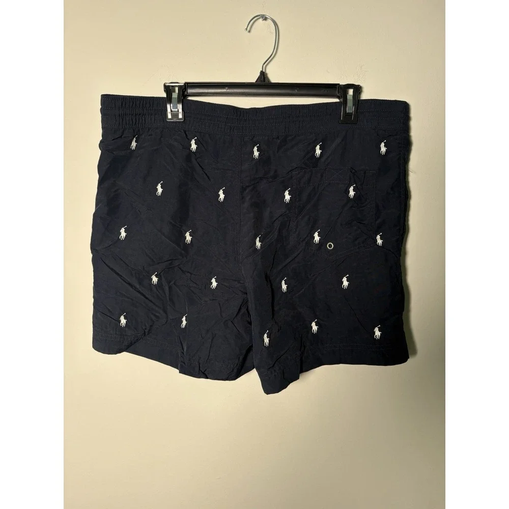 VTG Polo Ralph Lauren Swim Trunks Small Navy Blue All Over Pony Print Mesh Lined